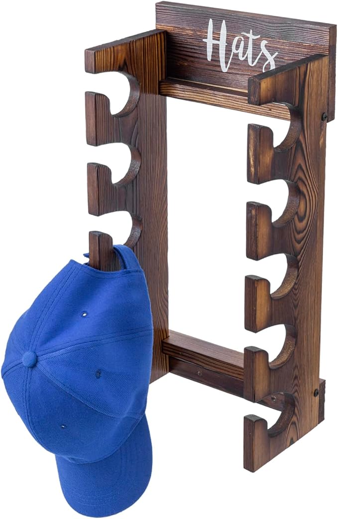 MyGift Wooden Hat Rack Wall Mount, Baseball Cap Organizer Display Holder, Hat Storage Shelf with White Cursive Hats Label,10 