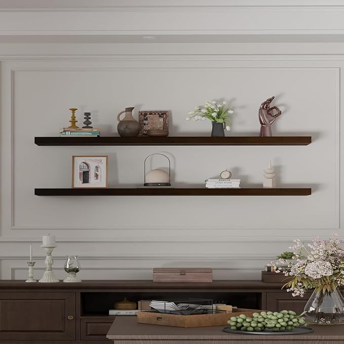 IEO Long Wooden Floating Shelves for Room Wall, Natural Wood Floating Shelves Wall Mounted Kitchen Shelf for Living Room, Bed