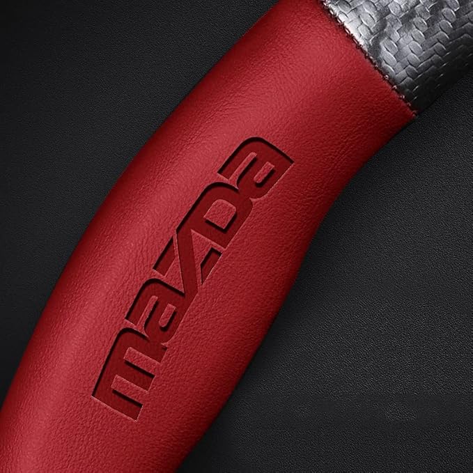 Customized Steering Wheel Cover Compatible with Mazda, Nappa Leather & Carbon Fiber Design Car Steering Wheel Cover, with Coasters and 3-in-1 USB Fast Charging Cable (Red)