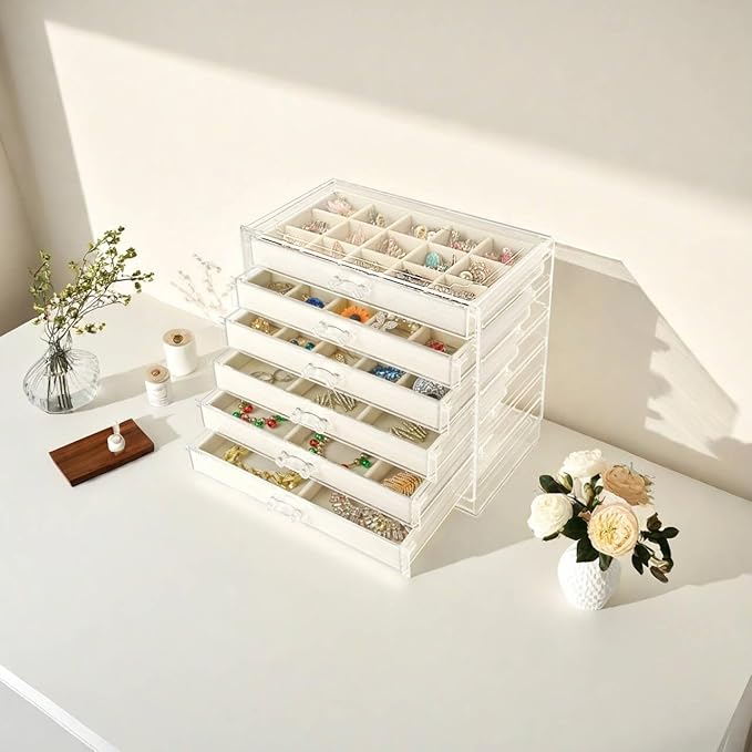 Watpot Acrylic Jewelry Box with 6 Drawers, Clear Earring Storage Organizer Display Case for Women Girls, Beige