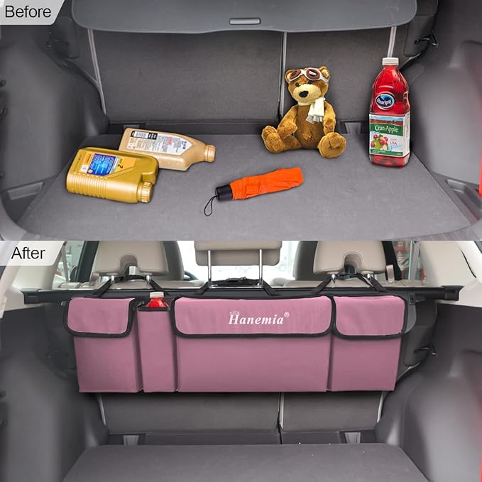 Hanemia Car Trunk Organizer, Backseat Hanging Storage with 4 Large Pockets, Collapsible Cargo Bag with Adjustable Straps