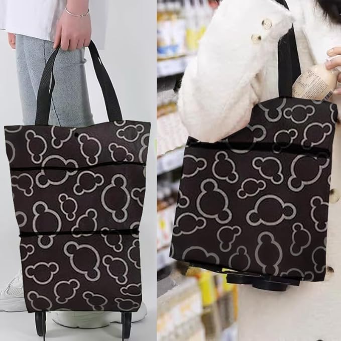 Collapsible Shopping Grocery Bag with Wheels Rolling Tote Bag with Wheels Large Reusable Shopping Bags Foldable Cart(Black Flower,Large)