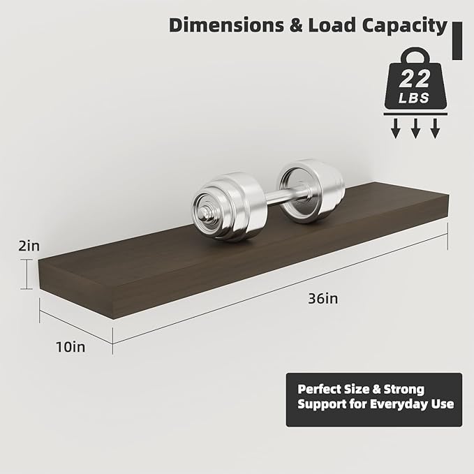 Floating Shelves Board for Wall with Brackets – 36" L x 10" W x 2" T Rich Walnut Melamine Wood Floating Shelves for Bathroom,