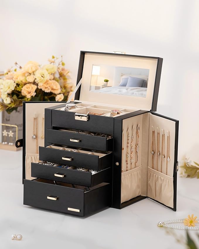 Homde Synthetic Leather Huge Jewelry Box Mirrored Watch Organizer Necklace Ring Earring Storage Lockable Gift Case (Black + G