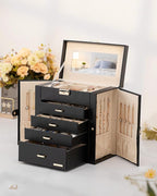 Homde Synthetic Leather Huge Jewelry Box Mirrored Watch Organizer Necklace Ring Earring Storage Lockable Gift Case (Black + G