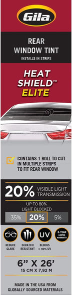 Gila® Heat Shield Elite™ 20% Rear Window Ceramic Automotive Window Tint DIY Advanced Heat Control Glare Control (6in x 26ft Strips)