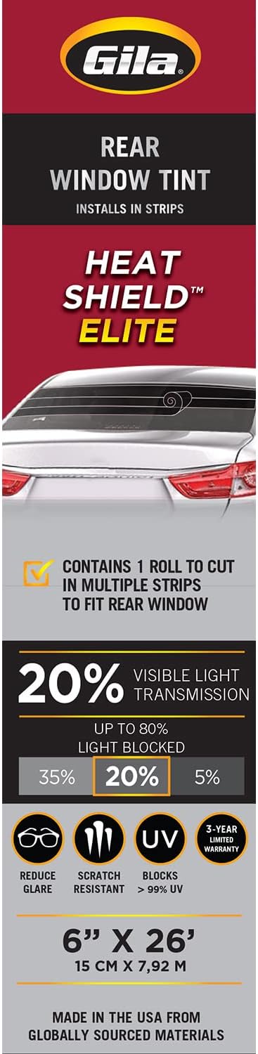 Gila® Heat Shield Elite™ 20% Rear Window Ceramic Automotive Window Tint DIY Advanced Heat Control Glare Control (6in x 26ft Strips)