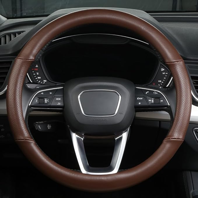 Cxtiy Genuine Leather Steering Wheel Cover with Ventilation Holes Luxury Cowhide,Breathable and Anti-Slip,14.5-15 inch(Brown)
