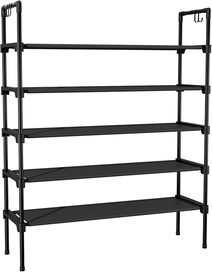 LANTEFUL 5 Tier Shoe Rack for Closet Shoe Organizer with 5 Hooks, Long Shoe Shelf Storage for Shoe and Boot Stackable Free St