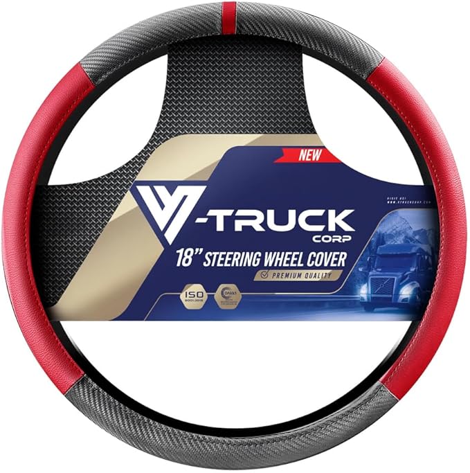 18-Inch Genuine Leather Steering Wheel Cover for Semi Trucks – Red with Black Carbon Fiber Imitation, Heavy-Duty Non-Slip Grip, Universal Fit, Easy Installation