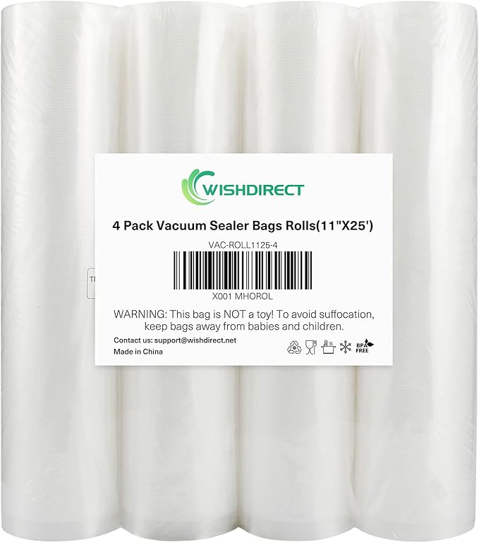 Vacuum Sealer Bags Rolls Compatible with FoodSaver 4-Pack 11" x 25' Vacuum Seal Rolls Fit Inside Machine Double-Side Embossed