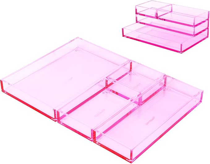 4-Piece Stackable Pink Acrylic Desk Organizer for Office or Home Desk Drawer Dividers, Makeup Vanity Storage Bins, Accessory 