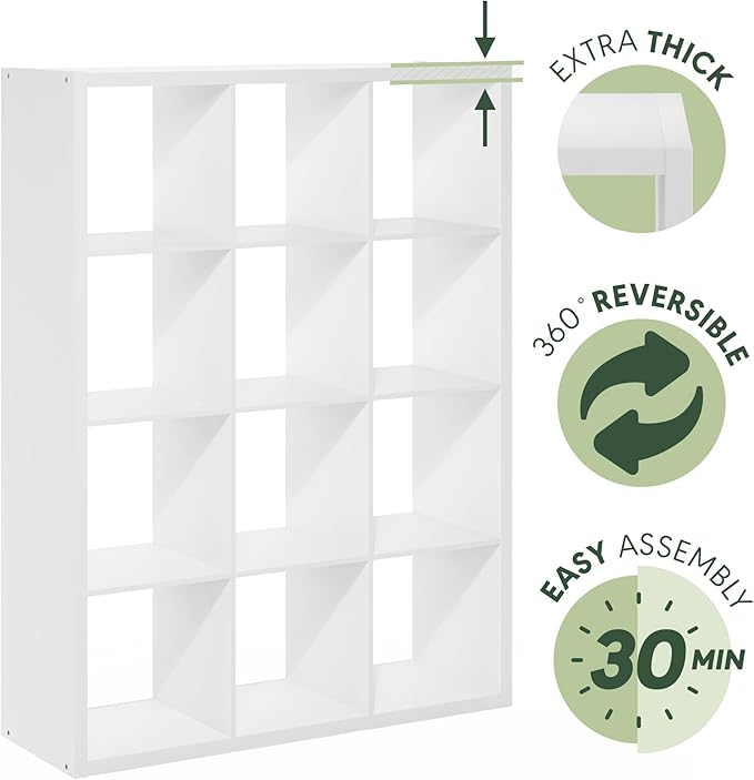 Furinno Cubicle Book Shelf, 12-Cube Bookshelf, Extra Thick Frame Reversible Bookcase with Open Back, 14.6" x 44" x 58", for L
