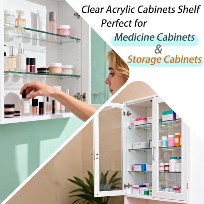 Yunguzi 2 PCS 13 Inch Acrylic Medicine Cabinet Shelves – Clear Replacement Cabinet Shelf for Bathroom, Kitchen, Living Room, 