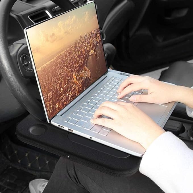 Steering Wheel Desk, Auto Car Steering Wheel Tray for Laptop, Food, Drink, Black ABS Material