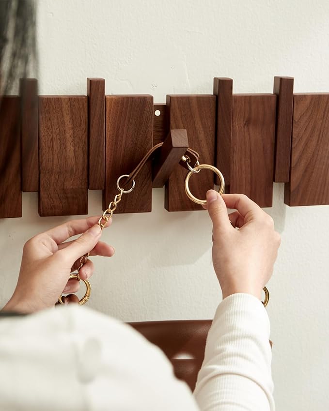 Wood Coat Rack Wall Mount - Large Walnut Piano Coat Rack wtih 5 Hooks for Hanging Clothes,Keys,Robes,Purse,Towels,Modern Deco