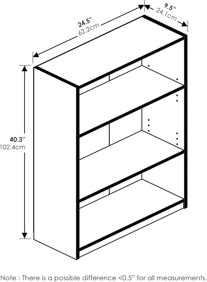 Furinno JAYA Book Shelf, 3-Tier Bookshelf, Bookcase with Adjustable Shelves, 9.5 x 24.5 x 40.3, for Organization and Storage,