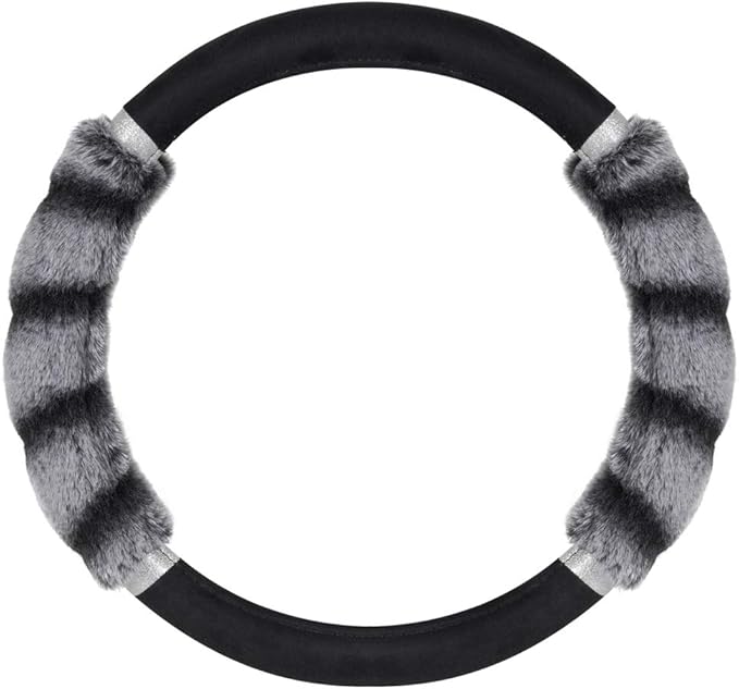 BDK Bear Fur Plush Steering Wheel Cover - Cute Faux Wool Protector for Women Girls Fits Wheels 14.5-15 inch Two Tone Black/Gr