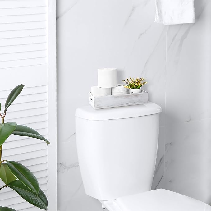 ALELION White Bathroom Basket - Wooden Toilet Tank Paper Basket with Handle for Organizing - Back of Toilet Storage Organizer