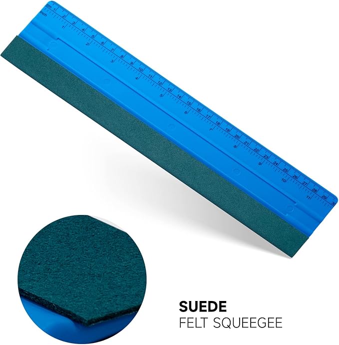 FOSHIO 12 Inch Felt Squeegee for Vinyl wtih Ruler 30CM 4 Round Corners Universal Card, Window Tint Film Installing Hard Blue PP Car Vinyl Wrap Scraper Tool