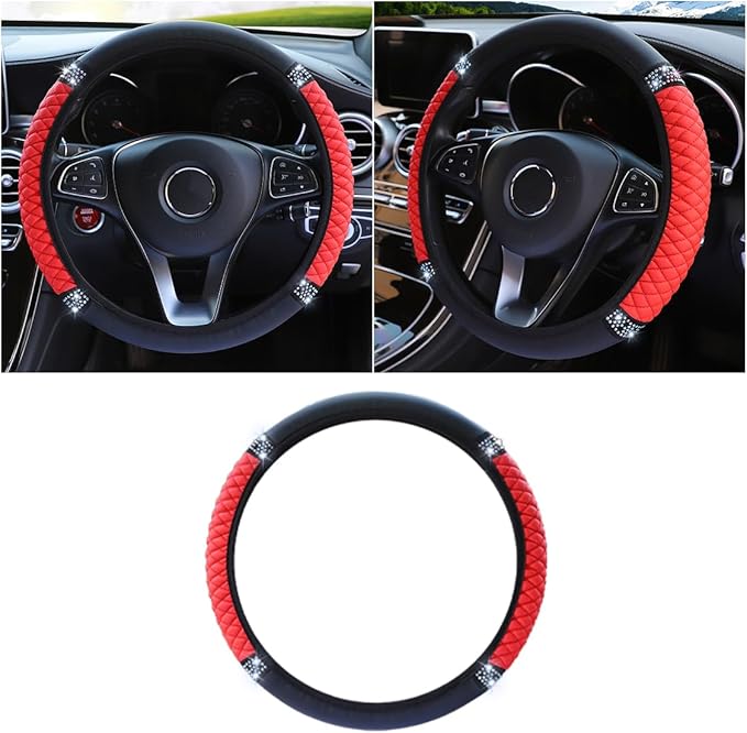 Bling Soft Leather Steering Wheel Cover, 15 Inch Colorful Rhinestones Auto Elastic Protector with Crystal Diamond for Women G