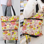 Collapsible Shopping Grocery Bag with Wheels Rolling Tote Bag with Wheels Large Reusable Shopping Bags Foldable Cart(Rich Flower,Large)