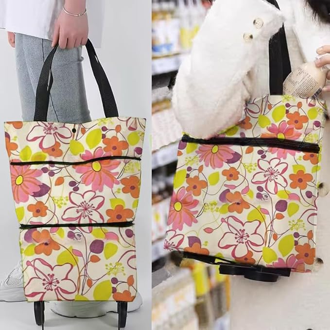 Collapsible Shopping Grocery Bag with Wheels Rolling Tote Bag with Wheels Large Reusable Shopping Bags Foldable Cart(Rich Flower,Large)