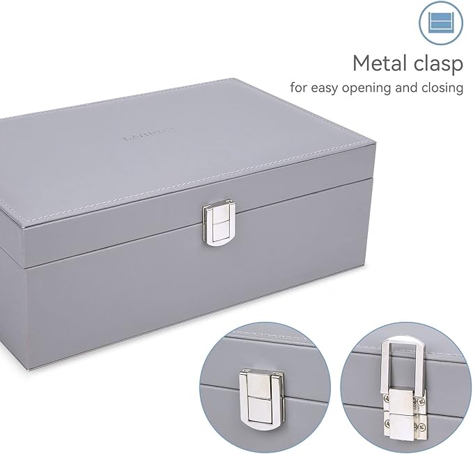 LANDICI Jewelry Box Organizer for Men Women, 2 Layer 4 Slot Watch Storage Case with Removable Tray, PU Leather Large Jeweller