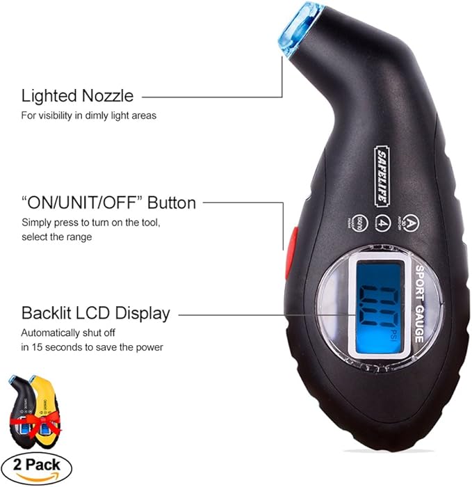 SAFELIFE Digital Tire Pressure Gauge 150 PSI 4 Settings with Backlit LCD and Non-Slip Grip (2package)