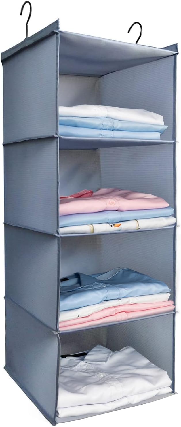 Hanging Closet Organizer, Easy Mount Foldable 4-Shelf Hanging Closet Wardrobe Storage Shelves, Clothes Handbag Shoes Accessor
