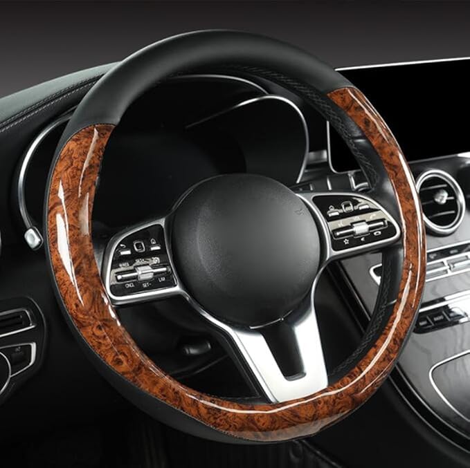 Wood Grain Steering Wheel Cover Microfiber Leather Breathable Anti Slip Universal Protector 14.5-15 inch Car Interior Accesso