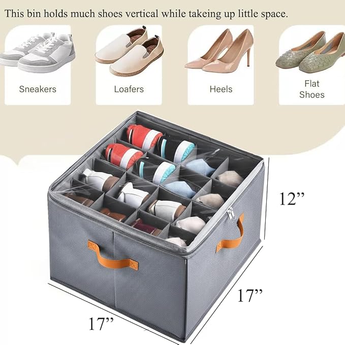 2 Pack Shoe Organizer for Closet, Foldable Storage Box with Adjustable Dividers, Holds 32 Pairs, Oxford & PP Board, Stackable