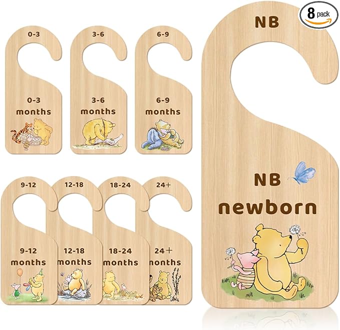 8 Pcs Winnie Baby Closet Dividers, Bear Double Sided Baby Clothes Organizer for Baby Nursery Decor Wooden Hanger for Newborn 