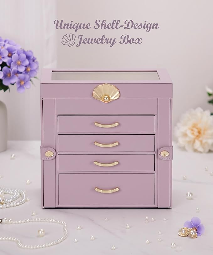Enthralite Jewelry Box with 4 Drawers: Display Organizer for Earrings Necklaces - Gifts for Girls Women (Grey Purple)