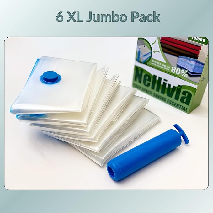 6 Jumbo XL Vacuum Storage Bags with Pump, Extra Large Compression Space Saver for Comforter, Duvet, Blanket, Bedding Storage,