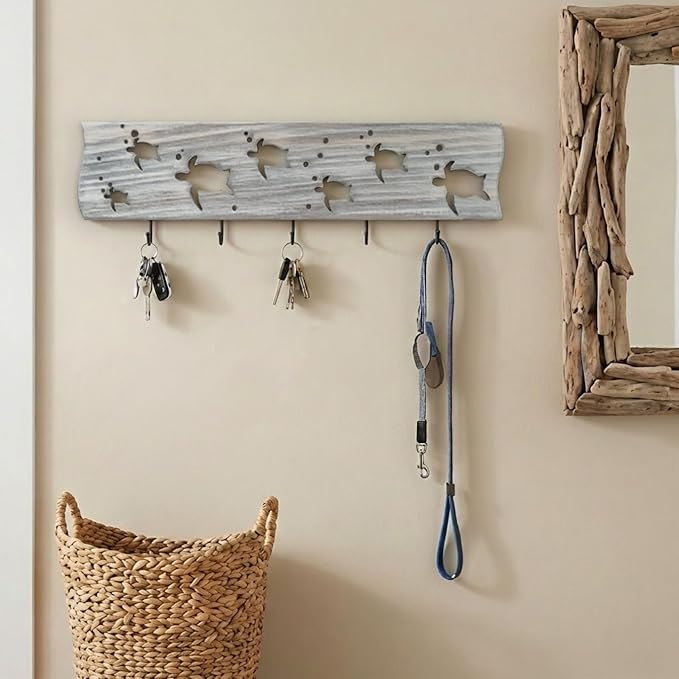 Driftwood Wall Art & DIY Key Holder – Handmade Coastal Home Decor – 17.5" Genuine Weathered Wood Plank with 5 Removable Hooks