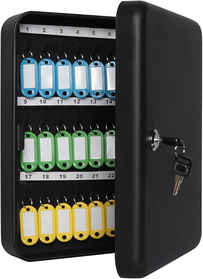 Jssmst Key Lock Box Wall Mount Security Key Storage Box, Locking Key Cabinet Wall Mount with 48 Key Hooks & Tags Key Labels, 