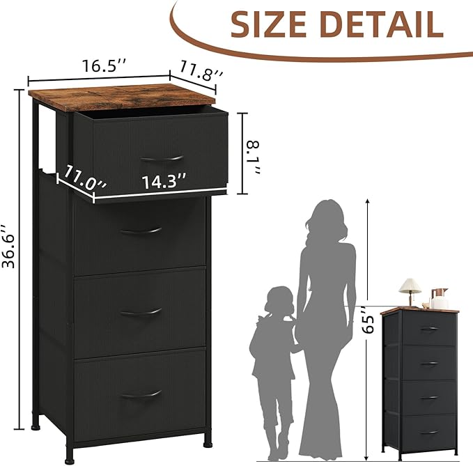 Somdot Dresser for Bedroom with 4 Drawers, Storage Organizer Chest of Drawers with Removable Fabric Bins for Closet Bedside L