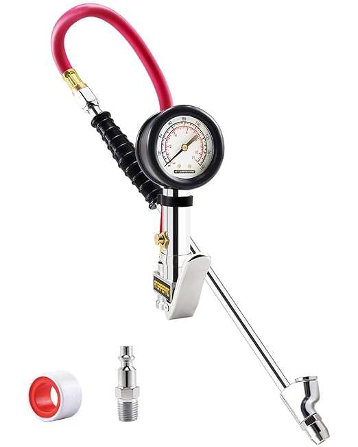 ATsafepro Tire Inflator with Gauge, 10-160 PSI, 12-Inch Extended Straight Air Chuck with Pressure Gauge for Dual Wheels, 1/4 NFT & Quick Plug, Tire Pressure Checker for Trucks, RVs, Trailers