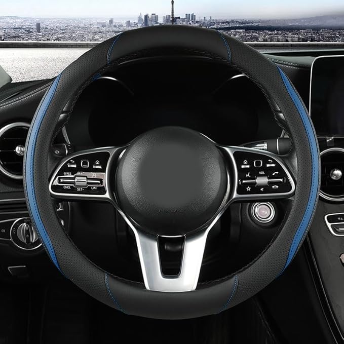 Car Steering Wheel Cover, Leather Steering Wheel Cover Blue Universal 14.5-15 Inch Microfiber Leather Anti-Slip Breathable Au