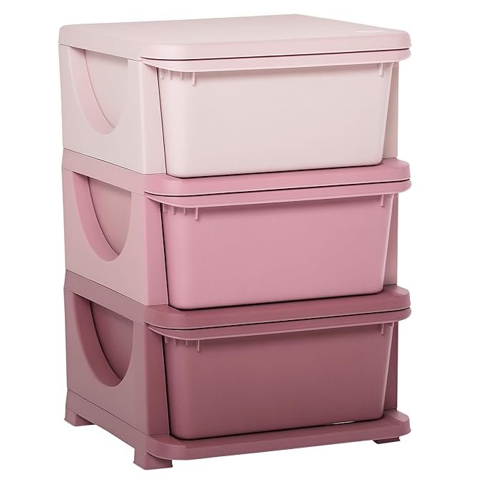 Qaba 3 Tier Kids Storage Unit, 3 Drawer Chest Toy Organizer Plastic Bins for Kids Bedroom Nursery Kindergarten Living Room fo