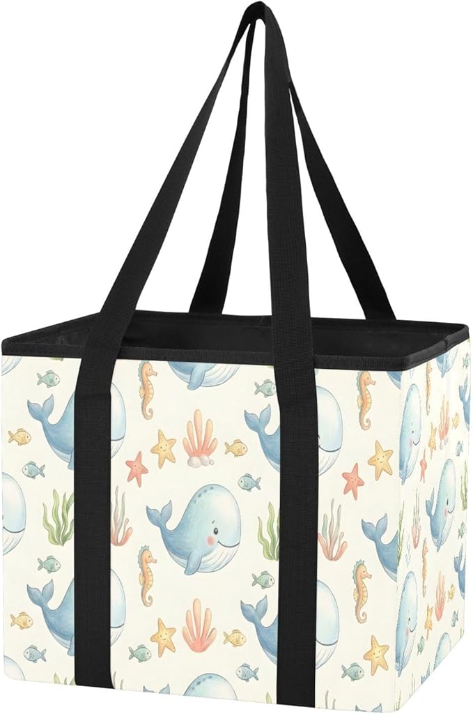 Cute Whales Reusable Grocery Bags Large Shopping Tote Bag with Reinforced Bottom Board, Water Resistant Foldable Storage Bags