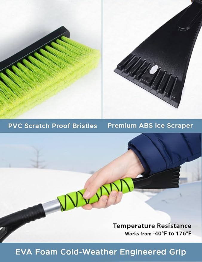 27" Snow Brush and Ice Scrapers for Car Windshield (1 Pack), Window Ice and Snow Scraper with Ergonomic Foam Grip, Snow Windshield Scraper with Aluminum Body, Winter Car Accessories (Green)