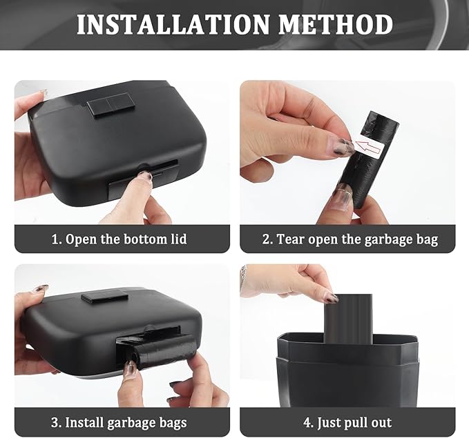 2PCS Car Trash Can with Lid + 60PCS Garbage Bags,Mini Trash Can Interior Accessories for Door/Seat/Center Console/Home/Office,Multifunctional Car Organizers and Storage (Black)