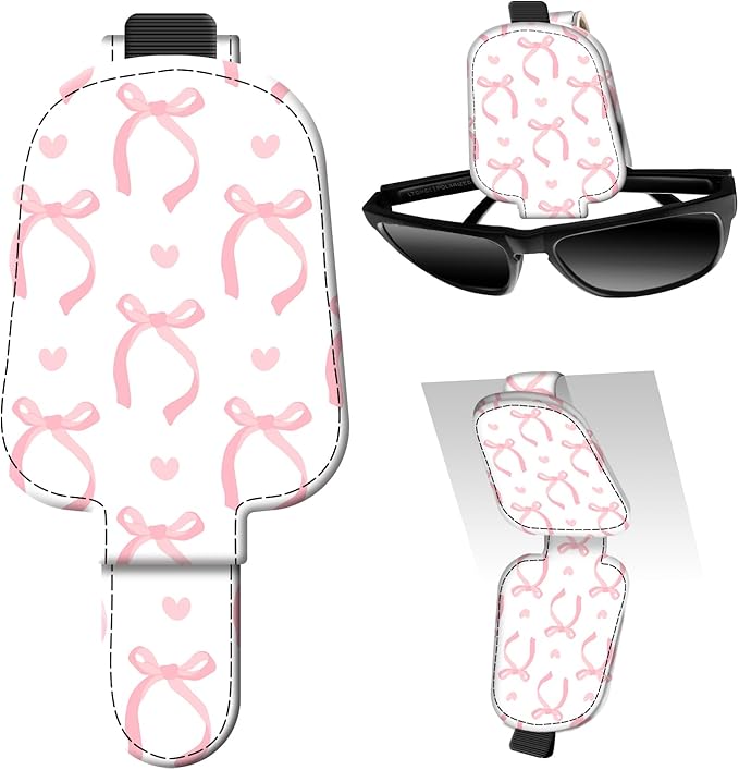 Leather Magnetic Sunglass Holder for Car Sun Visor, Cute Eyeglass Ticket Card Hanger Clip, Universal Auto Interior Accessories for SUV Pickup Truck White Pink Bow