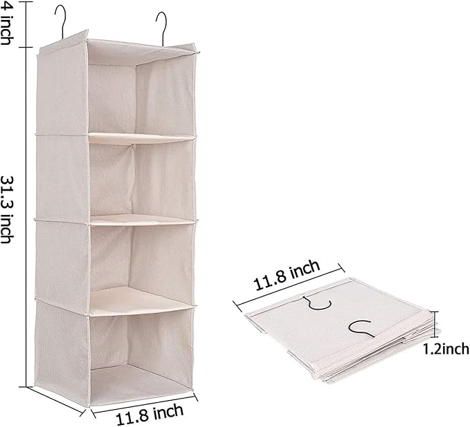 Hanging Closet Organizer and Storage, Foldable 4-Shelf Wardrobe Clothes Shelves Organizer, Imitation Linen Fabric, Beige Houn