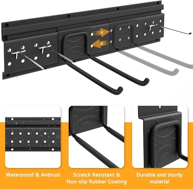 Garage Tool Storage Organizer Wall Mount, Heavy Duty Metal Garden Tool Rack Kit, 48inch Tracks with 16 Hooks for Shovel, Broo
