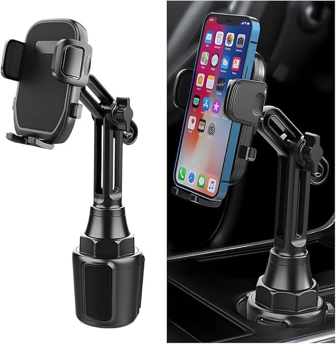 Car Cup Phone Holder, 360° Rotation Carbon Fiber Vehicle Cup Cellphone Holder with Long & Adjustable Neck, Auto Interior Smartphone Expander Mount Accessories, Universal Fit