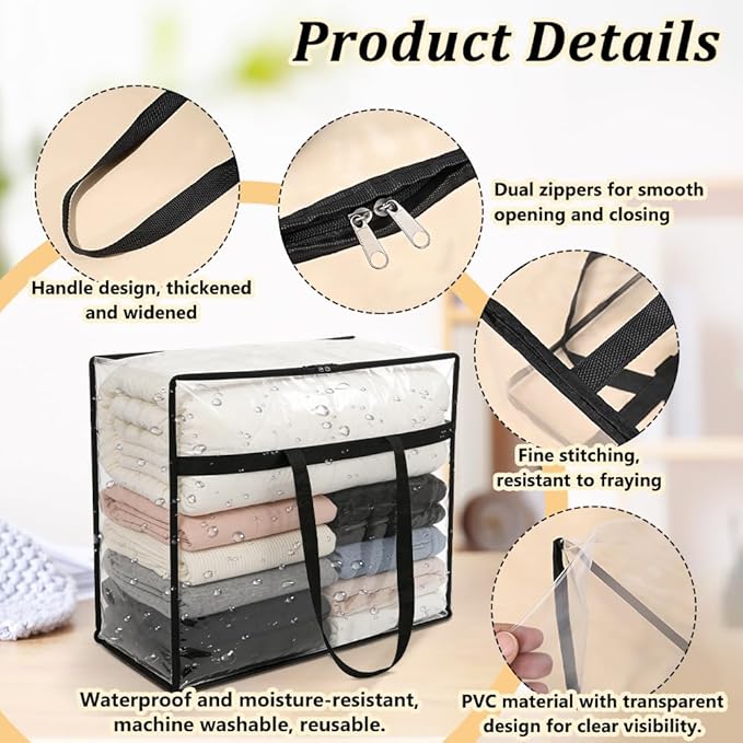 12pcs Clear Storage Bags 40L Large Plastic Blanket Storage with Zipper and Handle Closet Organizers Containers Foldable Movin