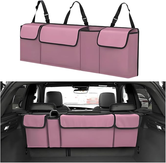 Car Trunk Organizer with Lid, Large Waterproof Vehicle Backseat Hanging Storage Bag with 4 Pockets & Adjustable Straps, Colla